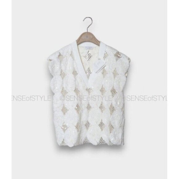 Brunello Cucinelli Top Shirt White Open Knit Women's Size M 42 - Picture 5 of 9